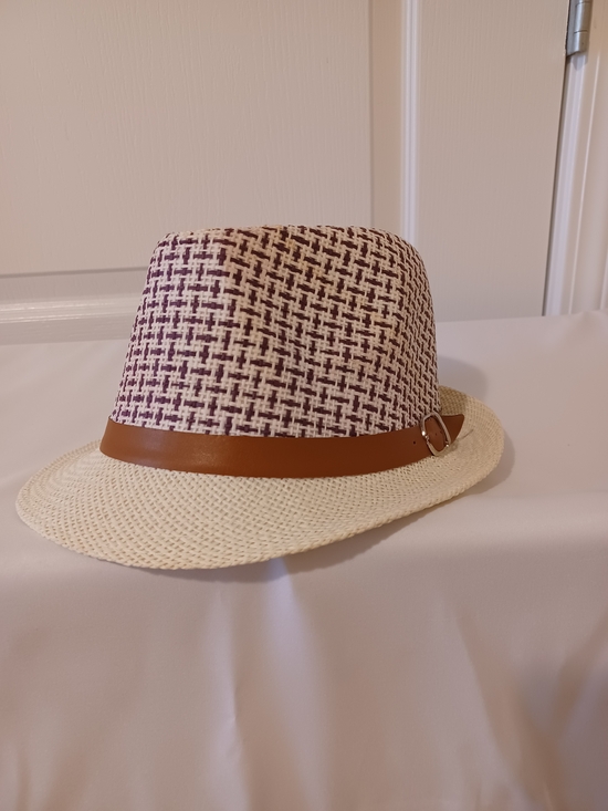 Other - Straw Fedora Hat with Brown Belt - Cream & Purple